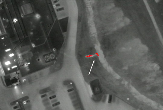 Aerial infrared image showing a detected liquid pollution leak.